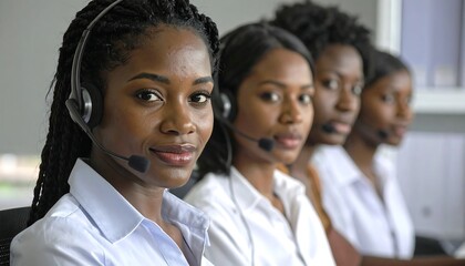 Four Black women with headsets in a row, smiling and looking forward in a professional office setting