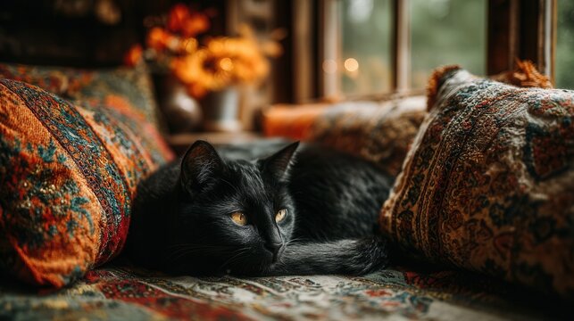 Black cat with yellow eyes resting on cozy couch - Powered by Adobe