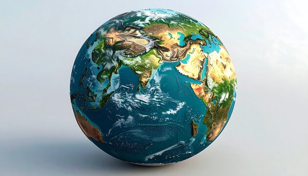 A 3D rendered globe showing detailed continents and oceans, reflecting light against a white backdrop. Cloud formations are seen