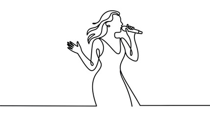  Minimalist line drawing of female singer performing with microphone, expressive hand gesture and flowing dress in elegant continuous style