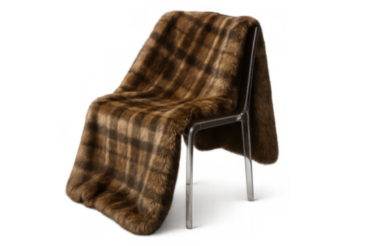 Faux fur blanket draped on a modern transparent chair, brown plaid pattern creating cozy texture