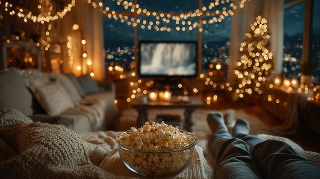 Cozy living room friends watching scary film with fairy lights and bowls of popcorn movie night