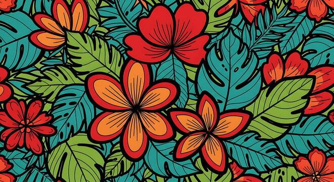 A vivid tropical pattern featuring red and orange flowers with green and teal colored leaves all over