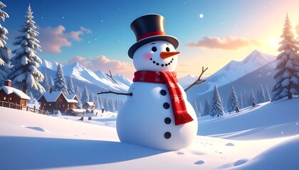 Fototapeta premium Festive snowman with a top hat and scarf stands against a snowy mountain backdrop under a bright, sunny sky