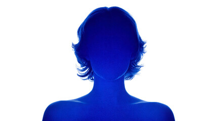 Faceless blue silhouette of person with short wavy hair, upper body visible, isolated on transparent background, mysterious and abstract concept