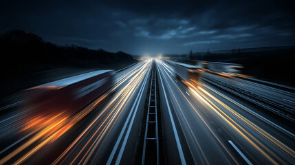 Nighttime highway scene with cargo trucks leaving long light trails