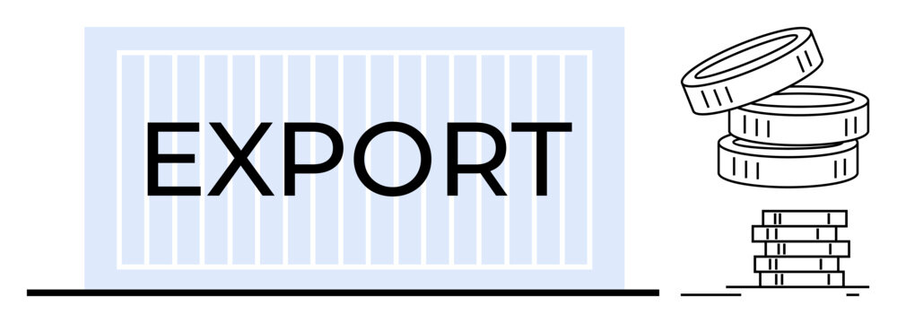 Large export container and stacked coins symbolize international trade, shipping, global economy, financial transactions, logistics, business growth, and economic opportunity. Ideal for simple flat