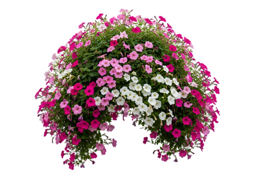 Abundant cascading petunias in vibrant pink white and magenta flowers isolated on transparent background