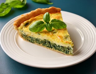 slice of spinach quiche sits on a white plate garnished with fresh basil leaves savory pie concept