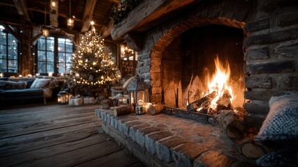 Obraz premium Holiday interior scene fireplace burning warmly decorated tree cozy Christmas home atmosphere 