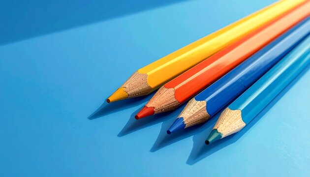 Four colored pencils (yellow, orange, blue, green) angled on a solid, bright blue surface with strong lighting