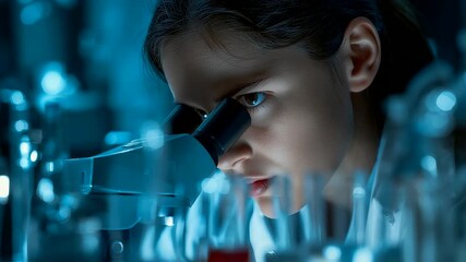 Focused female scientist analyzing sample through microscope in modern laboratory surrounded by glassware under cool blue scientific lighting