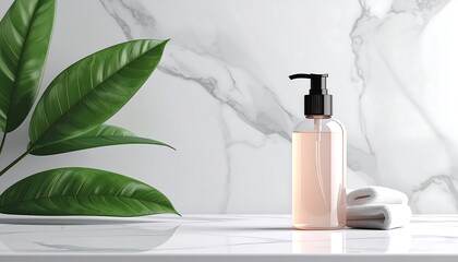 Elegant Skincare Product Display with Natural Greenery and Marble Backdrop.