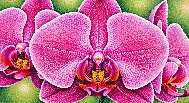 Dot art painting of vibrant orchid flower on green background closeup