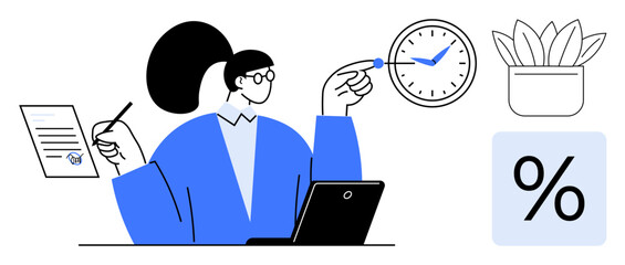 Businesswoman with laptop, clock, document, and pen multitasking. Ideal for time management, productivity, organization, business planning, work-life balance efficiency simple flat metaphor