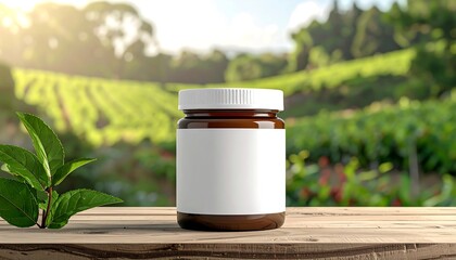 Natural Supplement Jar Mockup on Wooden Table with Greenery.