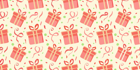 Seamless pattern of pink gift boxes with red ribbons and confetti for celebrations