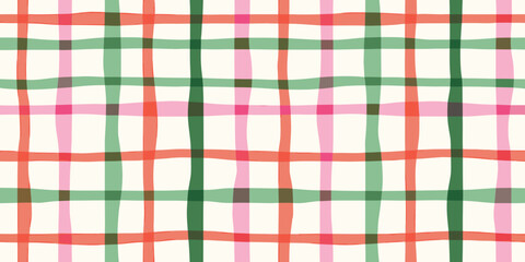 Hand drawn plaid pattern with pink green and coral stripes on cream background