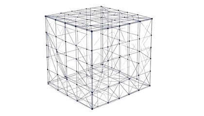 A 3D wireframe cube composed of interconnected lines and nodes, presented against a white background. This visual depicts a skeletal structure