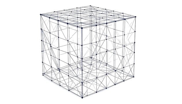 A 3D wireframe cube composed of interconnected lines and nodes, presented against a white background. This visual depicts a skeletal structure