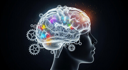 Obraz premium 3D glowing brain with gears and paint splashes — artistic thinking and innovation