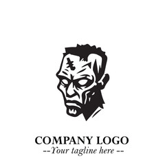 Head of Zombie Logo Symbol in Black on the White Background with Horror Minimal Vector Design