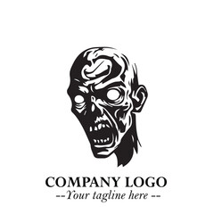 Head of Zombie Logo Symbol in Black on the White Background with Horror Minimal Vector Design
