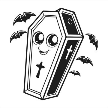 Cute cartoon coffin with happy face and bats