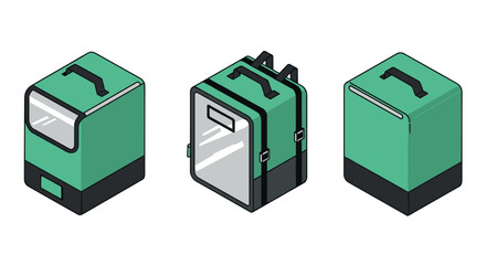 Green isometric delivery backpacks with handles and straps for modern urban transport