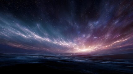 Naklejka premium A vast cosmic vista with shimmering nebulae and starlight above a dark rippling ocean surface