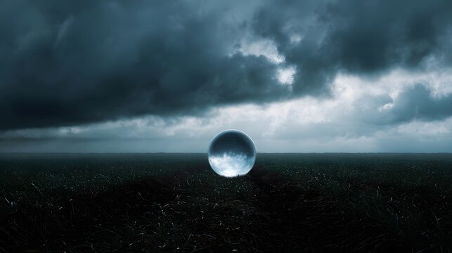 A radiant otherworldly orb floats serenely in a dark windswept field under dramatic stormy clouds evoking a sense of mystery and surrealism