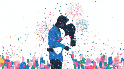 Couple in love kissing above colorful city skyline with fireworks. Modern New Year celebration and romantic night illustration banner