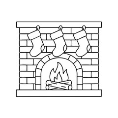 Fireplace with hanging stockings. Christmas Decoration Vector Illustration. Outline Design. Coloring Book Page. SVG. Transparent Background. Printable Christmas Design.