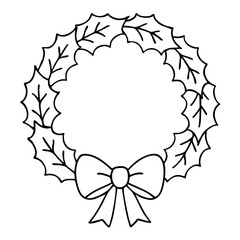Cute Christmas Wreath Vector Illustration. Outline Design. Coloring Book Page. SVG. Transparent Background. Printable Christmas Design.
