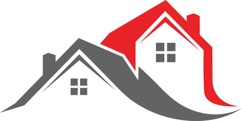 Two stylized houses with red and gray roofs on white background home real estate
