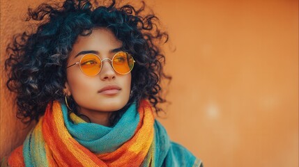 Young woman with curly hair wearing stylish sunglasses and colorful scarf