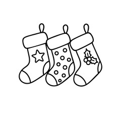 Christmas Stockings Hanging Vector Illustration. Outline Design. Coloring Book Page. SVG. Transparent Background. Printable Christmas Design.