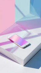 Virtual intelligence trend - Stylish Smartphone with Gradient Screen on Minimalist Pastel Background - AI concept