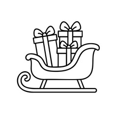 Christmas Sleigh with gifts Vector Illustration. Outline Design. Coloring Book Page. SVG. Transparent Background. Printable Christmas Design.