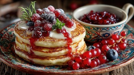 Autumn breakfast scene with mini pancakes, blueberries and pear slices