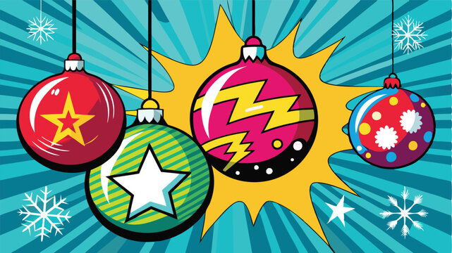 Pop art Christmas ornaments with Brazilian flag design and festive patterns, Vibrant holiday celebration with a global touch, comic book style festive decor