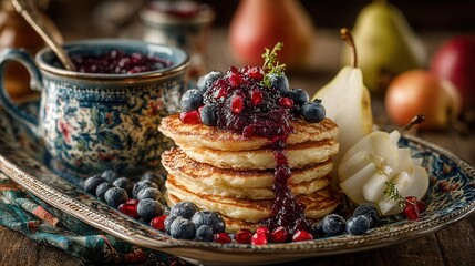 Autumn breakfast scene with mini pancakes, blueberries and pear slices