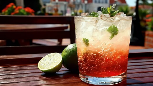 Delicious refreshing cocktail with lime and mint on a wooden table.