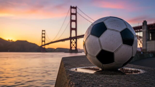 A soccer ball rests on a concrete pier with San Francisco California visible in the background during a beautiful golden sunset