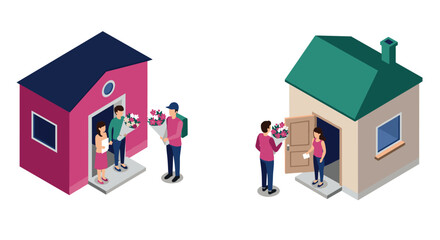 Isometric delivery service scene featuring multiple customers receiving packages at home