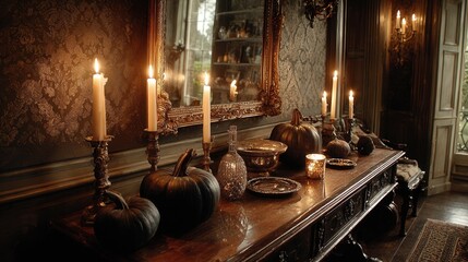 Dark atmospheric Halloween arrangement with pumpkins and candlelight