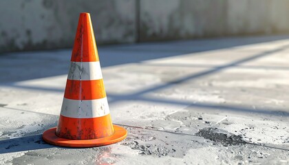 Orange and White Striped Traffic Cone on Concrete Surface.