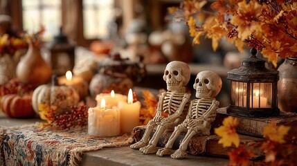 Dark atmospheric Halloween arrangement with pumpkins and candlelight