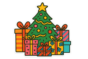 Naklejka premium Christmas tree with gifts in animated style as a colorful background. Isolated on transparent background