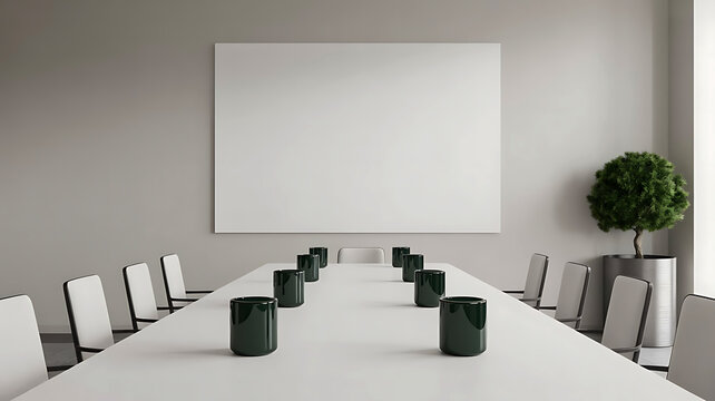 Minimalist conference room with long white table chairs greenery and a blank canvas for creative collaboration